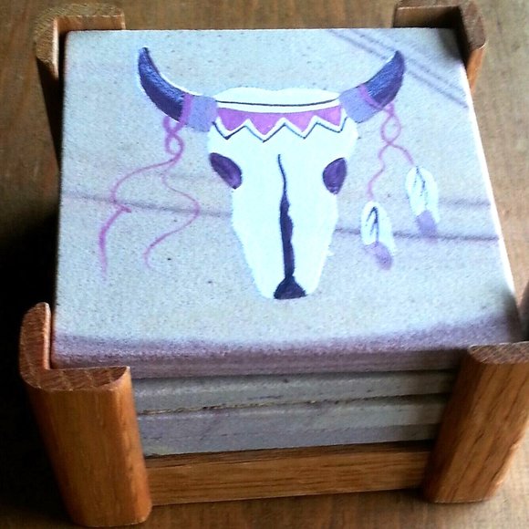 Arizona Sandstone Coasters Wood Holder Steer Head Kokopelli Feathers NEW Set 4 - Picture 2 of 6